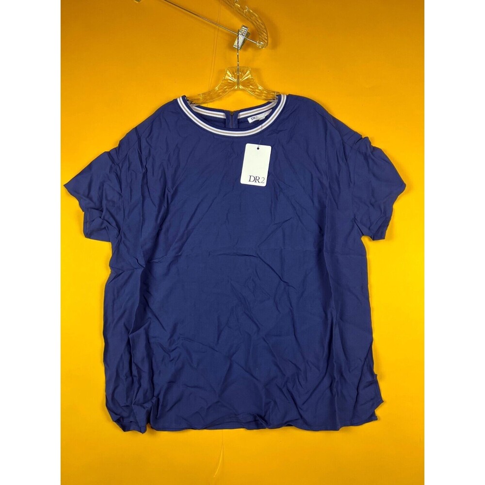 DR2 Ringer Blouse Top Womens 1X Plus Indigo Blue Short Sleeve Zip Crew Neck NWT